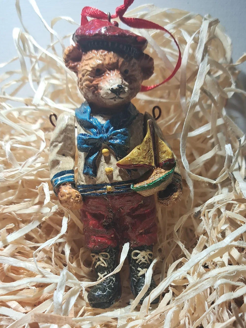 Hand-Painted Nautical Bear Ornament - Red and Blue Holiday Decoration